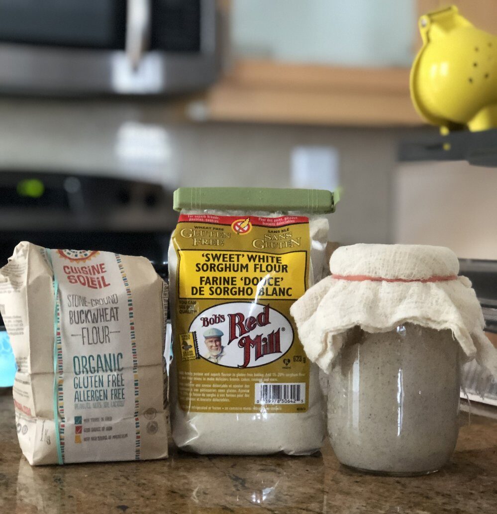 Ingredients of sourdough bread with gluten free organic flour by teri-ann carty