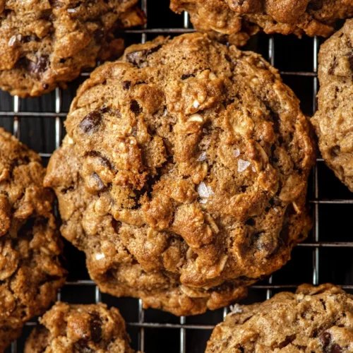 a close up of oatmeal chocolate chip cookies with a sprinkle of sea salt
