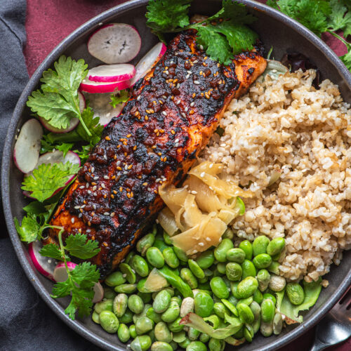 overhead view of healthy bowl with brown rice, edamames, cilantro, radish and crispy crusted salmon by teri-ann carty