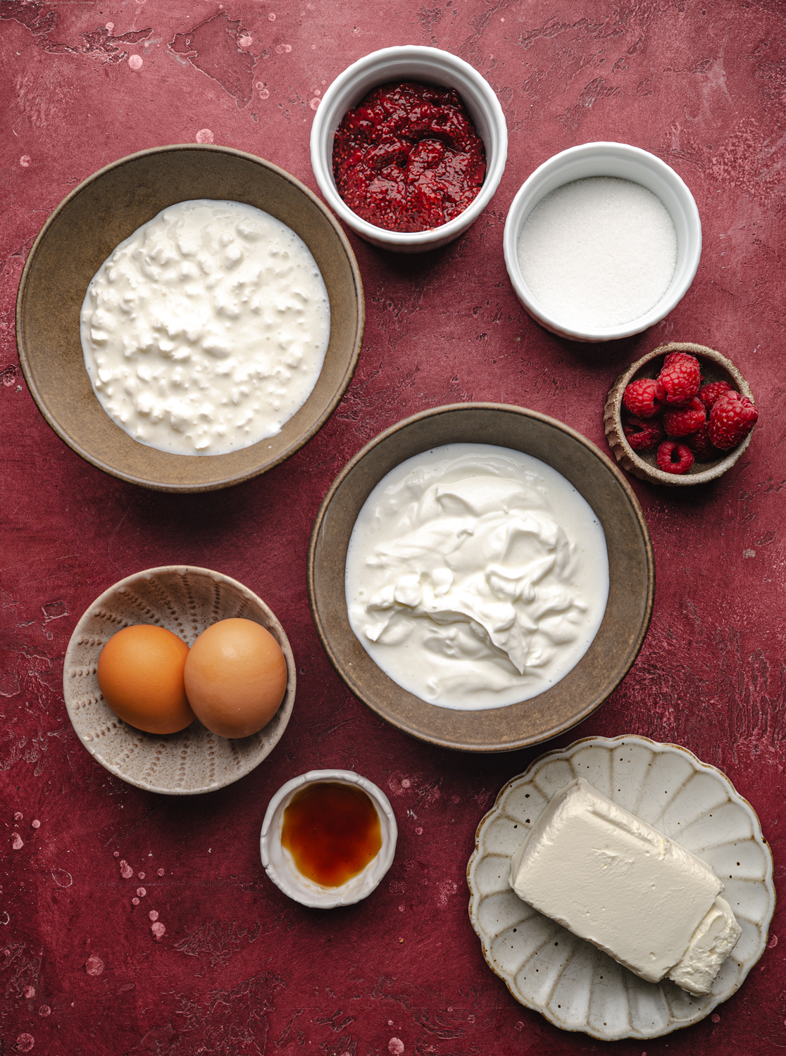 protein, strawberry, cream cheese, yogurt, cottage cheese, eggs, raspberries, and vanilla