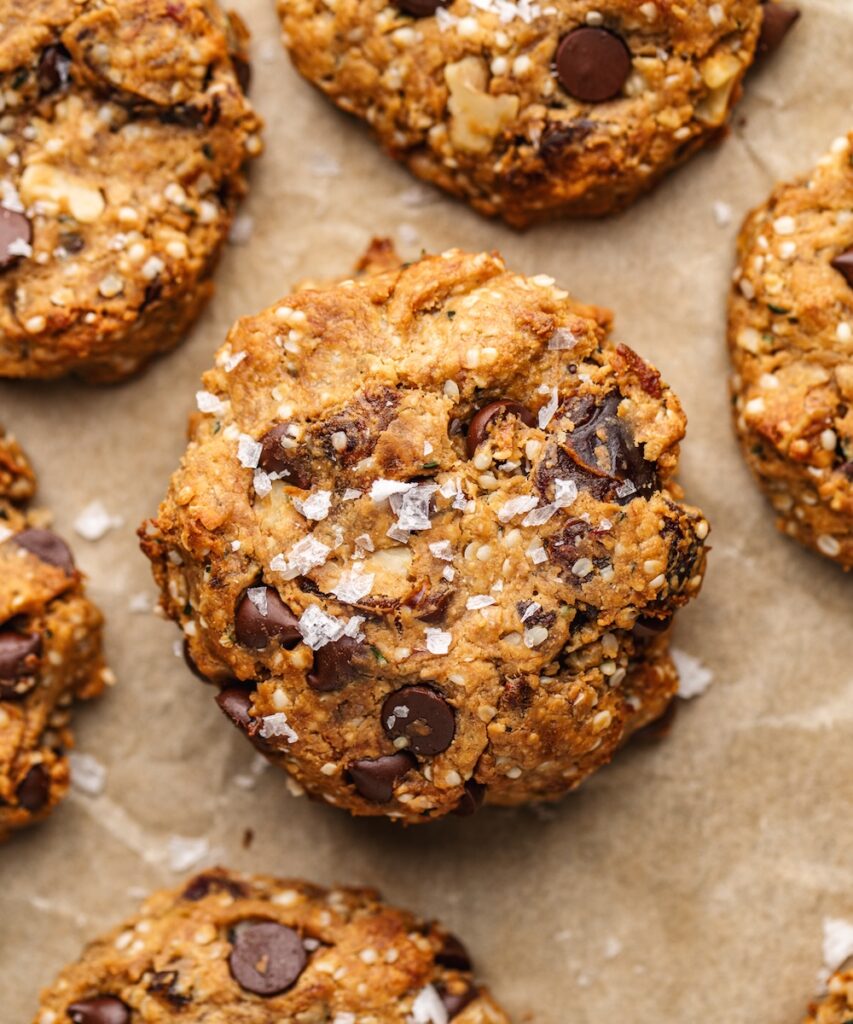 close up of flaky salt on a high protein flourless cookie with chocolate chips
