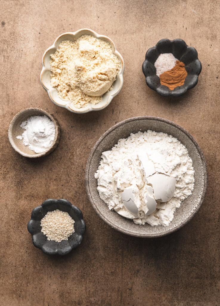 the dry ingredients necessary to make a refined sugar free miso date and banana bread